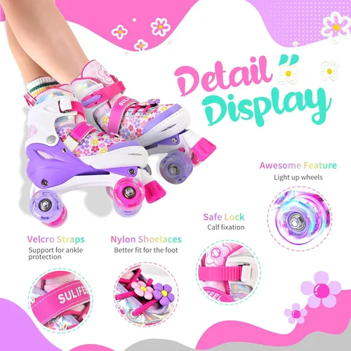 Miniatura 3 de SULIFEEL Rainbow Unicorn - Patines ajustables de 4 tamaños para niñas y niños de 3-5, 5-8, 6-12 años, patines para interiores y exteriores H Floral