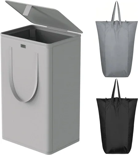 Miniatura 11 de WOWLIVE Cesta de lavandería de 100 litros con tapa, cesta plegable grande con 2 bolsas y asas extraíbles, cesta de ropa sucia plegable alta