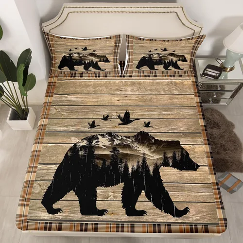 Miniatura 14 de Sábanas de oso de caza para niños y adolescentes, juego de cama rústico occidental de vida silvestre, sábana bajera para niños y niñas, sábanas