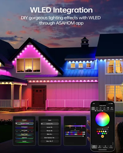 Miniatura 6 de ASAHOM Luces permanentes para exteriores Pro S108B, 100 pies con 72 luces LED RGBCW, WLED integrado, 70lm blanco, efecto dinámico 30000, iluminación