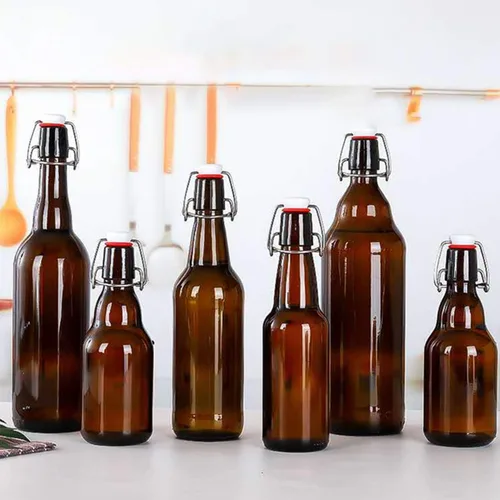 Miniatura 7 de Botellas de vidrio, botella de almacenamiento de vidrio marrón recargable con tapas abatibles, botellas de cierre de hierro ámbar con calcomanías