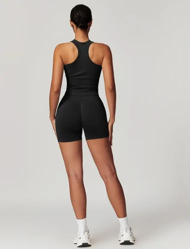 Miniatura 29 de Conjuntos de entrenamiento para mujer, 2 piezas, sin costuras, acanalada, sin mangas, brasier deportivo, cintura alta, pantalones cortos