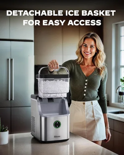 Miniatura 2 de Silonn Nugget Ice Maker - Máquina de hielo para encimera, cesta de hielo con asa, funcionamiento silencioso y máquina de hielo autolimpiante, hielo