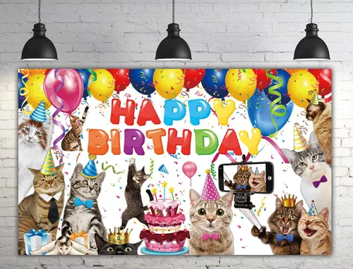 Miniatura 4 de Cartel de fondo de feliz cumpleaños de gato de 6 x 3.6 pies, decoración de suministros de fiesta de gatitos, telón de fondo con temática de patas