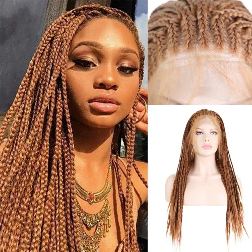 RDY - Pelucas largas trenzadas de color marrón con encaje frontal, microtrenzas de 18 pulgadas con pelo de bebé, parte libre, fibra resistente al