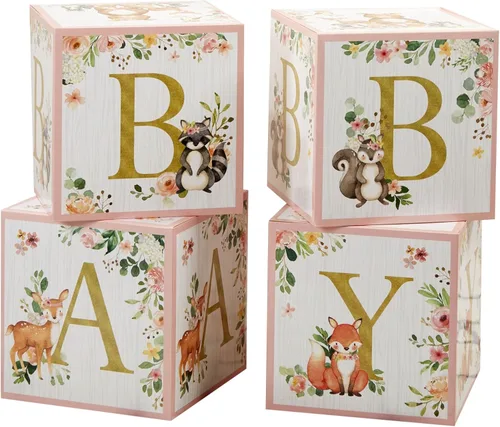 Cajas de bebé rosa de bosque de Kate Aspen con letras para decoración de baby shower, foto de exhibición y decoración de guardería (Set de 4