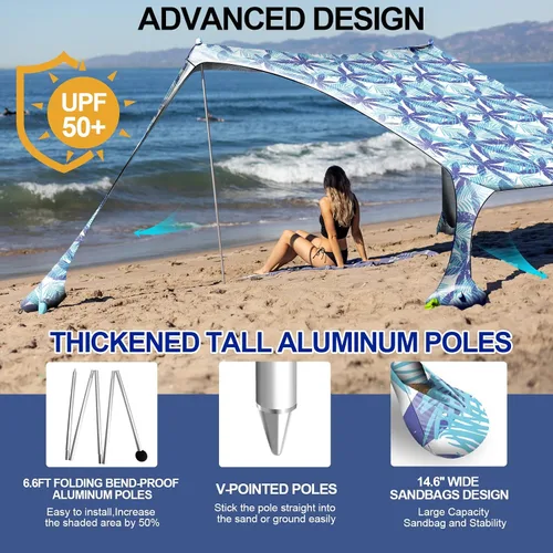 Miniatura 2 de Buheco - Tienda de campaña de playa, toldo desplegable de 7 x 7.5 pies, refugio solar UPF50+ con 4 postes plegables, bolsa de transporte portátil