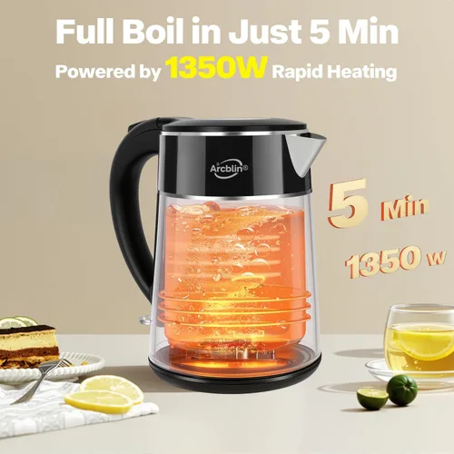 Miniatura 3 de Hervidor eléctrico de 1.8 L, 1350 W de ebullición rápida y caldera de agua caliente, diseño de doble pared con interior de acero inoxidable 100%