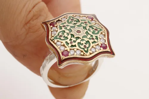 Miniatura 6 de Motif Style Turkish Handmade All Authentic Jewelry Red Enamel Round Cut Ruby Topaz 925 Sterling Silver Ring Size All