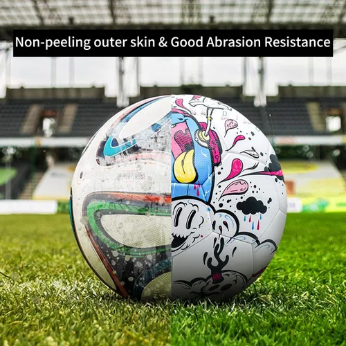 Miniatura 2 de SHOKE Balón de fútbol tamaño 5 con superficie de dibujos animados de grafiti, 32 paneles antideslizantes para práctica de recreación, pelotas