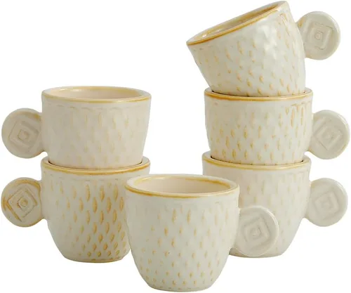 Juego de 6 tazas de café espresso vintage, tazas Demitasse de 3 onzas, tazas de café espresso pequeñas de cerámica en relieve únicas en relieve Crema