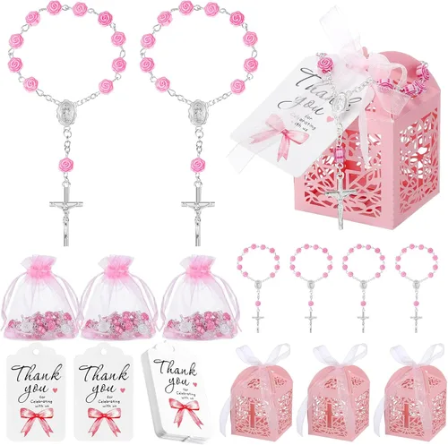 El juego de 100 piezas de recuerdos de bautismo rosa incluye mini cajas de cruz de rosario, bolsas de organza blanca, etiquetas de agradecimiento