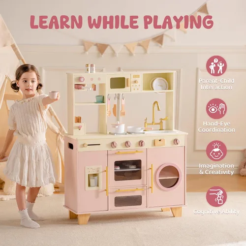 Miniatura 9 de ROBUD Play Kitchen, Juego de Cocina de Juguete Grande Rosa con Cafetera y Tostadora de Juguete para Niños Pequeños de 3+ Años, Cocina de Madera