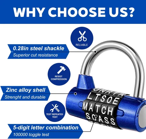 Miniatura 3 de 4 candados de combinación de 5 letras, candado de seguridad de metal resistente reiniciable sin llave en 4 colores para casillero de gimnasio, caja