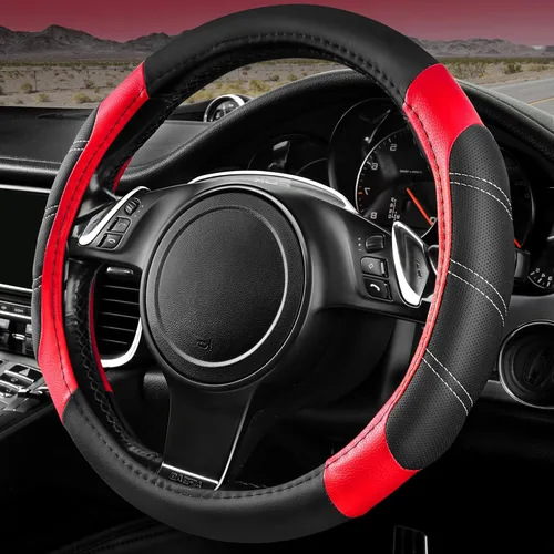 Miniatura 8 de CAR PASS Funda para volante deportiva de cuero de microfibra con veta de madera de 14.5-15 pulgadas, universal, se adapta al 95% de camiones, SUV
