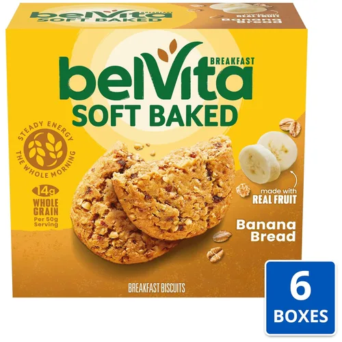 Miniatura 4 de Bizcochos para el desayuno BelVita, cocidos al horno, pan de plátano, caja de 5 recuadros, 8.8 onzas (paquete de 6 unidades).