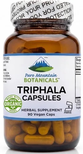 Pure Mountain Botanicals Triphala Cápsulas 90 cápsulas veganas kosher ahora con 500 mg mezcla orgánica de fruta india Amla
