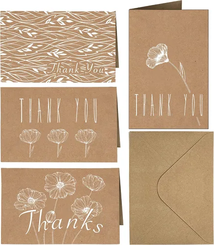 Purple Q Crafts Tarjetas de agradecimiento de 4 x 6, paquete de 20 unidades de papel marrón para manualidades, 4 diseños de tarjetas de felicitación