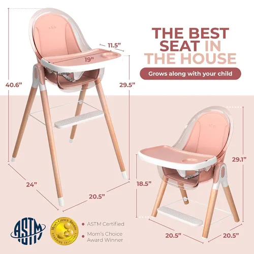 Miniatura 5 de Silla alta de madera de lujo 6 en 1 para bebés y niños pequeños, moderna, segura y compacta, fácil de limpiar, bandeja y cojín extraíbles, 6 Rosa