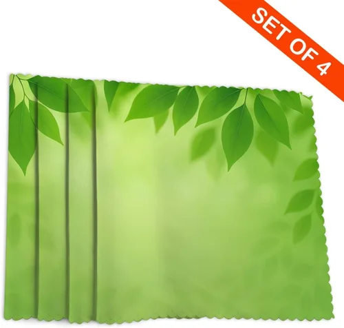 Miniatura 4 de Rectangular Placemats Set of 4, Heat Resistant Green Leaves Background Printed Kitchen Dining Table Mats