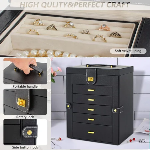Miniatura 5 de AKOZLIN Joyero grande organizador funcional con cerradura con espejo grande, estuche de almacenamiento de joyas de cuero para mujeres y niñas