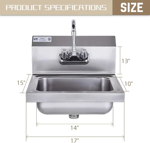 Miniatura 3 de HALLY Fregadero de acero inoxidable para lavar con grifo, lavabo comercial NSF de montaje en pared para restaurante, cocina y hogar, 17 x 15 pulgadas