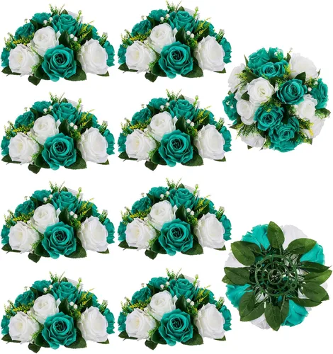 Miniatura 16 de BLOSMON Bolas de flores, centros de mesa de rosas de boda: 2 piezas de flores falsas carmesí decoración de bolas de besos Arreglos florales
