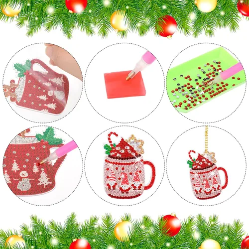 Miniatura 7 de BBTO 15 piezas de adornos de Navidad con diseño de diamantes de cacao caliente, pintura de diamante, llaveros colgantes para manualidades, adornos