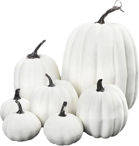 Juego de 7 calabazas artificiales para decoración de otoño, juego de calabazas falsas, calabazas blancas de plástico para decoración, calabazas