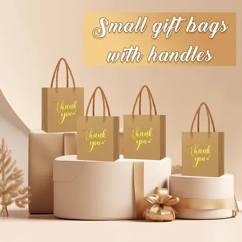 Miniatura 5 de Honoson 30 mini bolsas de regalo con asa de 4 x 2.75 x 4.5 pulgadas, pequeña bolsa de agradecimiento de papel de aluminio para boda, baby shower