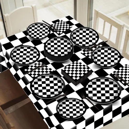 Miniatura 6 de ZOIIWA Juego de vajilla de 123 piezas de decoración de fiesta de carreras a cuadros en blanco y negro con platos temáticos de carreras, pancartas
