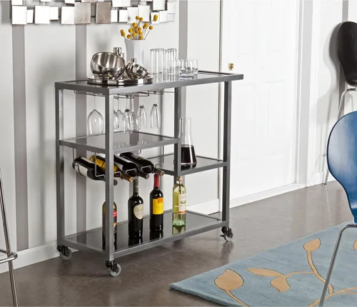 Miniatura 2 de SEI Furniture - Carrito de bar Holly & Martin Zephs - Gris plomizo con cristal negro - Diseño de transición, metal y vidrio - Ideal para sala
