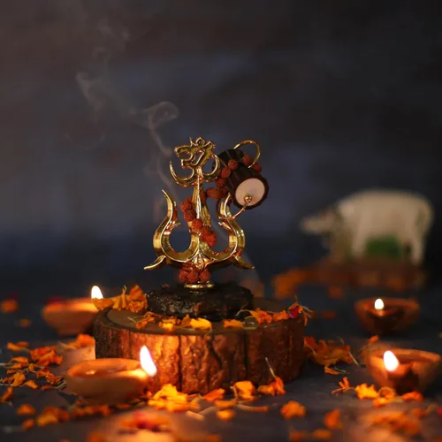 Miniatura 3 de Trishul chapado en oro con símbolo Damru y Om (4 pulgadas) – Tridente Shiva de resina antigua para Puja, Real Rudraksh Mala Shiva, ídolo de Shiva