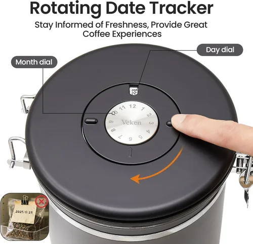 Miniatura 6 de Veken - Recipiente hermético para café de acero inoxidable, contenedor de almacenamiento de alimentos para la cocina con registro de fecha y cuchara