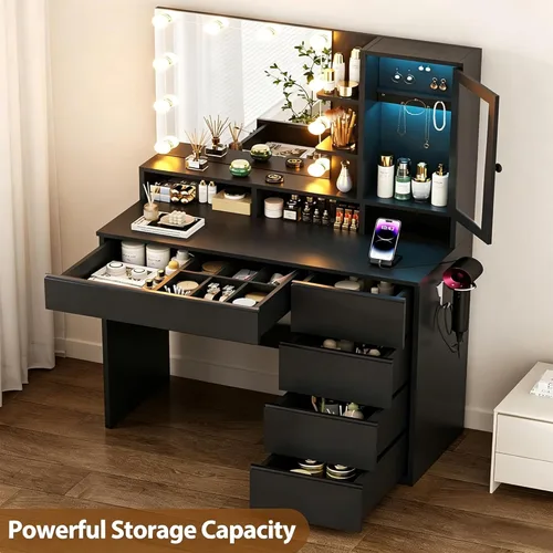 Miniatura 3 de ERLEJIA Escritorio de tocador con espejo de luces LED, mesa de maquillaje con toma de corriente para mujeres y niñas, escritorio de maquillaje