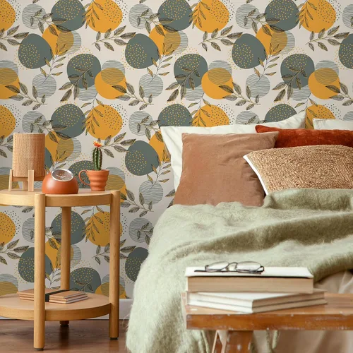 Miniatura 2 de VEELIKE Papel tapiz geométrico bohemio gris naranja con diseño geométrico de hojas vintage para dormitorio, sala de estar, papel de pared Accet