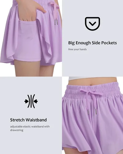 Miniatura 2 de HASMES Pantalones cortos de mariposa para niñas, pantalones cortos deportivos fluidos con bolsillos interiores para correr, bailar, animar, 5-14 años