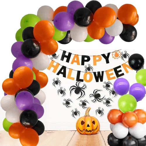 Miniatura 5 de Globos de Halloween con cinta, paquete de 100 globos de 12 pulgadas, negro, naranja, blanco, morado, verde, para decoraciones de fiesta de Halloween