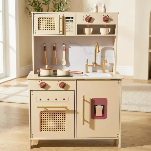 Miniatura 8 de Juego de cocina para niños de 3 a 8 años, cocina de madera con accesorios de cocina y alimentos de corte, incluyendo horno, estufa, grifo