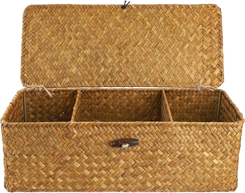 Cesta de almacenamiento Hipiwe de seagrass con tapa, cestas de estante tejidas rectangulares para armarios, despensa, baño, estante de cocina para