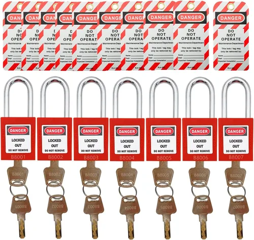 Miniatura 10 de SAFBY Loto - 7 candados de bloqueo diferentes con llave con 10 etiquetas de bloqueo, candados seguros para estaciones y dispositivos con 7 números
