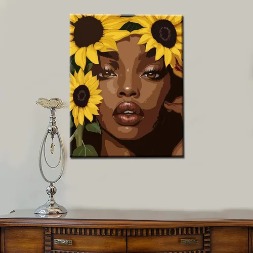 Miniatura 3 de Pintura por números, girasoles afroamericanos, kit de pintura acrílica DIY por números, para niños, adultos, principiantes, niñas negras, pintura