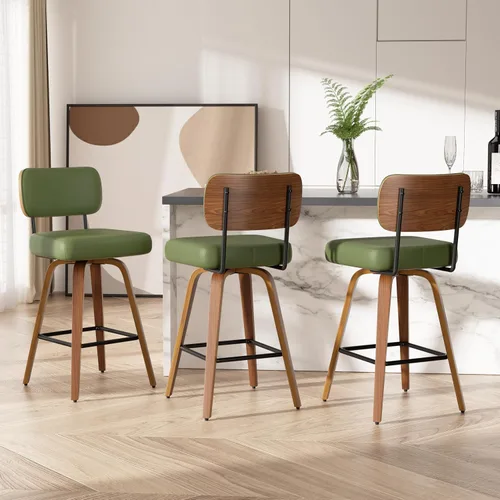 Miniatura 20 de Juego de 1 taburete de bar giratorio, taburetes de bar tapizados de 26" de altura para encimera con respaldo de nogal y patas de madera curvada