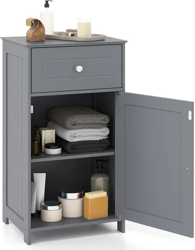 Miniatura 10 de GLACER Armario de suelo de baño, gabinete de almacenamiento lateral de una sola puerta con cajón, organizador de almacenamiento de madera para baño