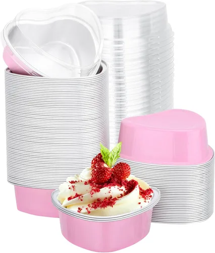 Miniatura 12 de EUSOAR Moldes para hornear en forma de corazón, de papel de aluminio, de 3.4 onzas, con tapas, aperitivos, postres, flan, cupcakes, tartas, ramekin