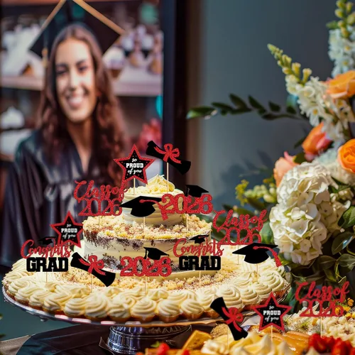 Miniatura 8 de 48 adornos para cupcakes de graduación, 6 estilos con purpurina, decoraciones de graduación en negro y rojo 2026, tapas y palillos para pasteles