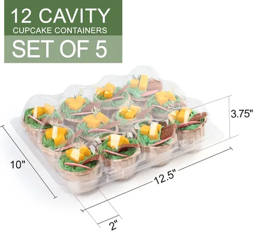 Miniatura 2 de LotFancy (12 unidades x 5 juegos) recipientes para cupcakes con 60 forros, cajas apilables de plástico, soporte desechable para magdalenas con tapa