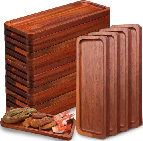 Skylety Paquete de 15 bandejas de madera maciza para servir grandes de acacia para fiestas, tablero rectangular de charcutería con mango ranurado