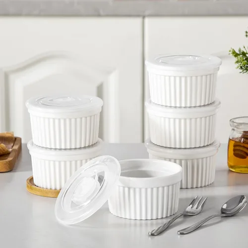 Miniatura 6 de vancasso Ramequines de 177 ml con tapa, cuencos de porcelana para soufflé de crema catalana, tazas de natillas azules para hornear, aptas