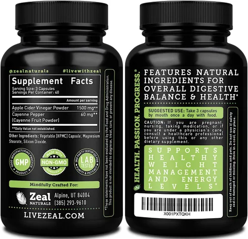 Miniatura 2 de Zeal Naturals Cápsulas naturales de vinagre de sidra de manzana cruda (1560 mg 120 cápsulas) píldoras de vinagre de sidra de manzana con pimienta